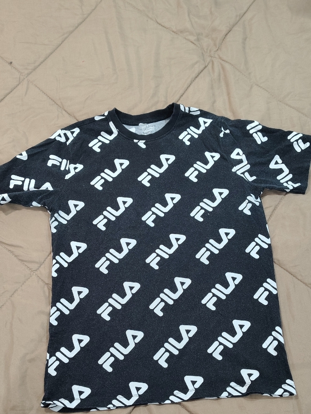 Fila Black Short-Sleeve Tee with White All-Over Logo Print